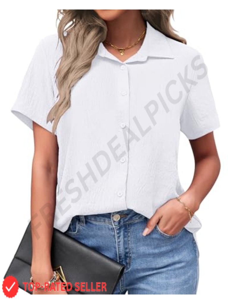 Womens Short Sleeve Button Down Blouse V-Neck Tunic Work Casual
